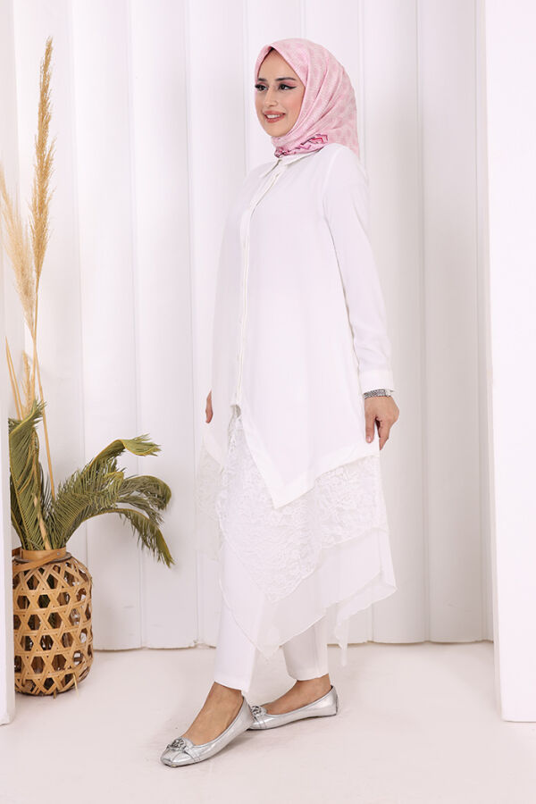 Dantel Ve Şifon Detaylı Asimetrik Kesim Tunik 2758 Ekru - 3