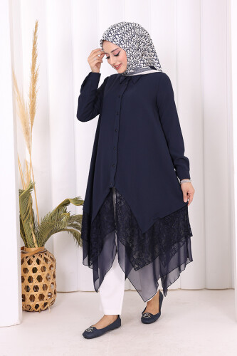 Dantel Ve Şifon Detaylı Asimetrik Kesim Tunik 2758 Lacivert - Bym Fashion