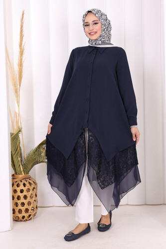 Dantel Ve Şifon Detaylı Asimetrik Kesim Tunik 2758 Lacivert - 2
