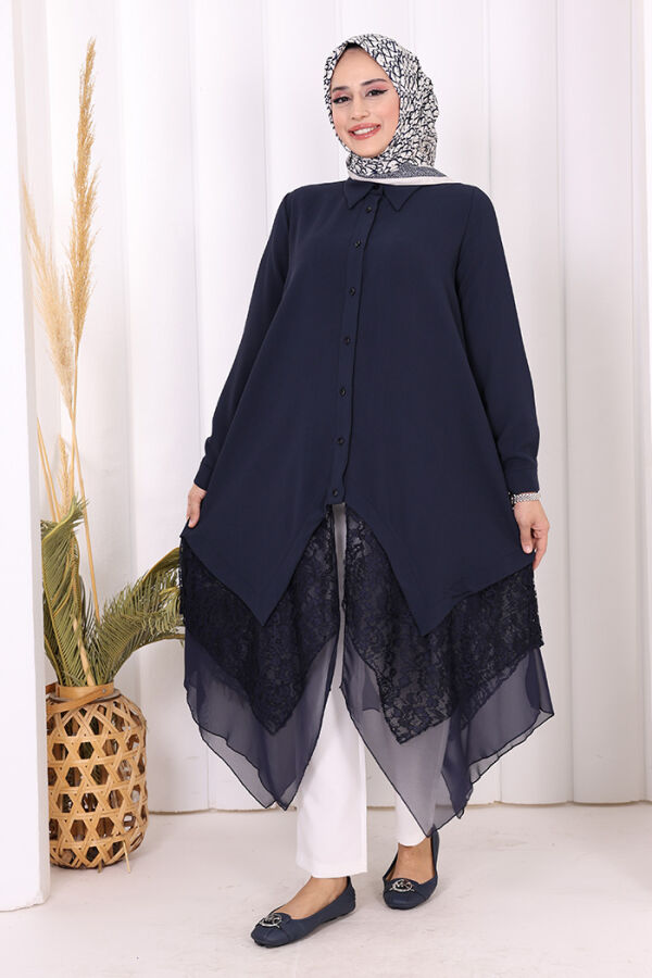 Dantel Ve Şifon Detaylı Asimetrik Kesim Tunik 2758 Lacivert - 2
