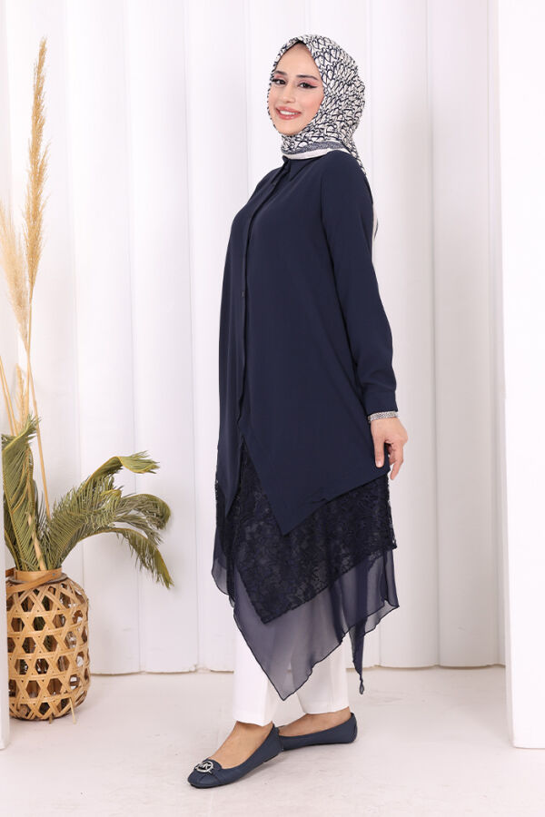 Dantel Ve Şifon Detaylı Asimetrik Kesim Tunik 2758 Lacivert - 3