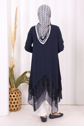 Dantel Ve Şifon Detaylı Asimetrik Kesim Tunik 2758 Lacivert - 4