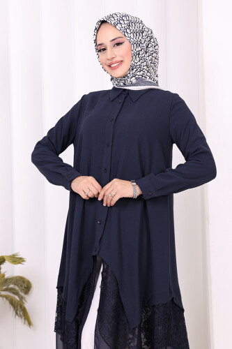 Dantel Ve Şifon Detaylı Asimetrik Kesim Tunik 2758 Lacivert - 5