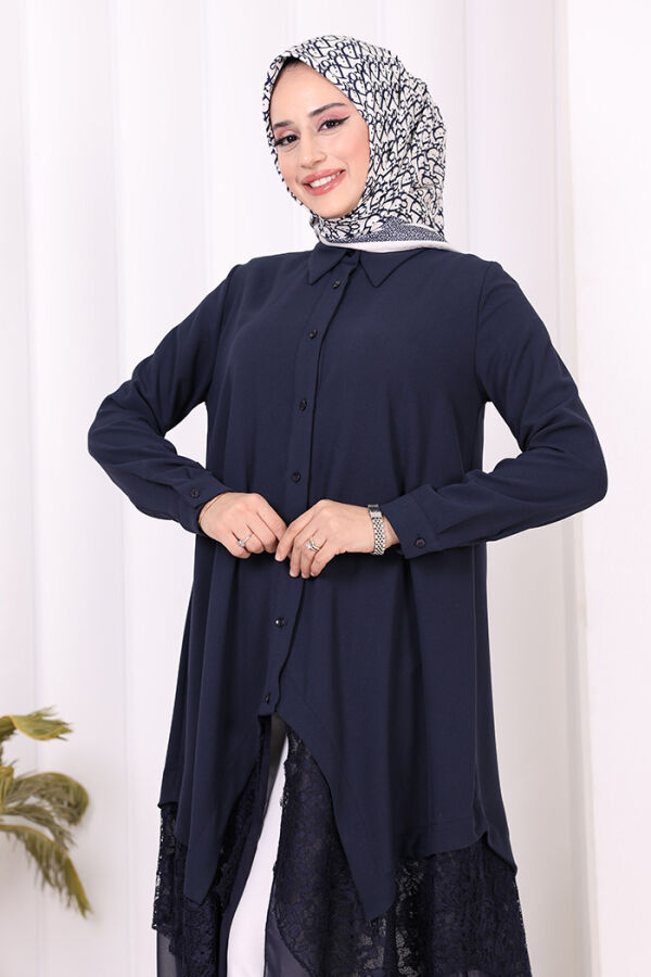 Dantel Ve Şifon Detaylı Asimetrik Kesim Tunik 2758 Lacivert - 5