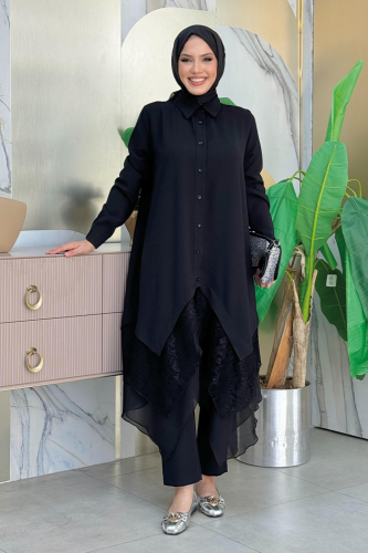 Dantel Ve Şifon Detaylı Asimetrik Kesim Tunik 2758 Siyah - Bym Fashion
