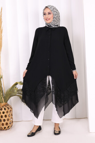 Dantel Ve Şifon Detaylı Asimetrik Kesim Tunik 2758 Siyah 