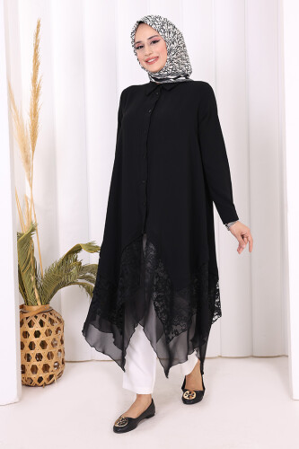 Dantel Ve Şifon Detaylı Asimetrik Kesim Tunik 2758 Siyah - 2