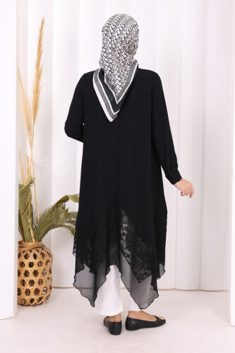 Dantel Ve Şifon Detaylı Asimetrik Kesim Tunik 2758 Siyah - 3