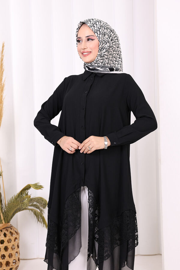 Dantel Ve Şifon Detaylı Asimetrik Kesim Tunik 2758 Siyah - 4