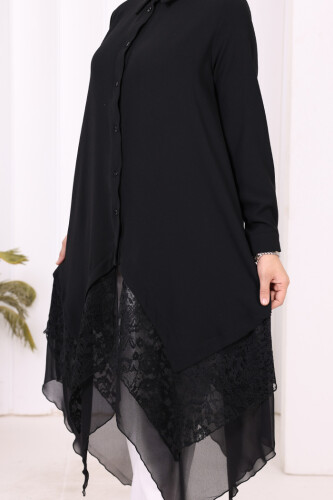 Dantel Ve Şifon Detaylı Asimetrik Kesim Tunik 2758 Siyah - 5
