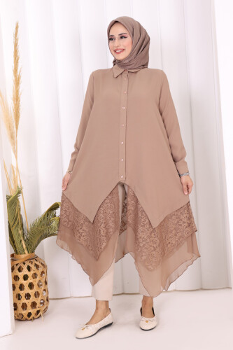 Dantel Ve Şifon Detaylı Asimetrik Kesim Tunik 2758 Vizon - Bym Fashion