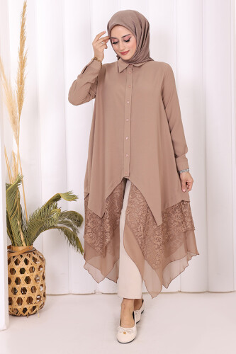 Dantel Ve Şifon Detaylı Asimetrik Kesim Tunik 2758 Vizon - 2