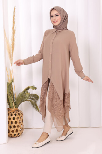 Dantel Ve Şifon Detaylı Asimetrik Kesim Tunik 2758 Vizon - 3