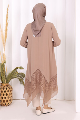 Dantel Ve Şifon Detaylı Asimetrik Kesim Tunik 2758 Vizon - 4