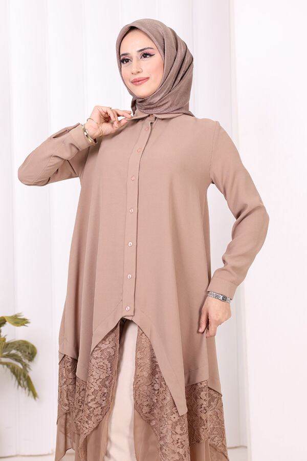 Dantel Ve Şifon Detaylı Asimetrik Kesim Tunik 2758 Vizon - 5