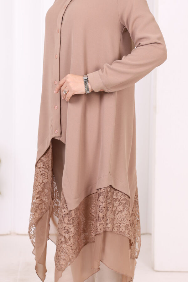 Dantel Ve Şifon Detaylı Asimetrik Kesim Tunik 2758 Vizon - 6