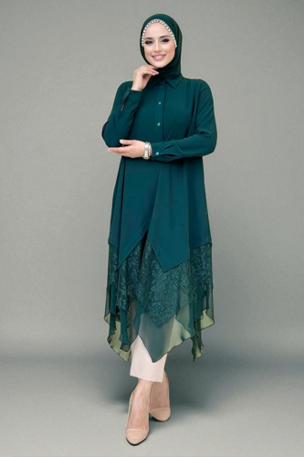 Dantel Ve Şifon Detaylı Asimetrik Kesim Tunik 2758 Zümrüt - Bym Fashion