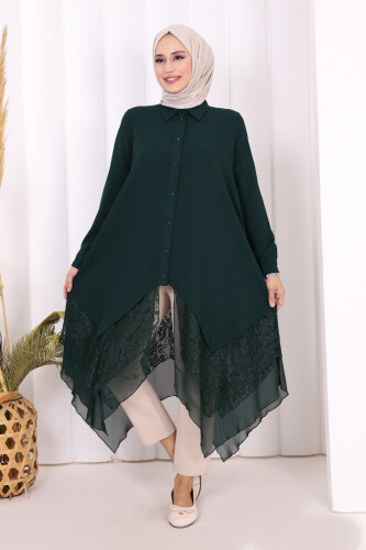 Dantel Ve Şifon Detaylı Asimetrik Kesim Tunik 2758 Zümrüt - Bym Fashion