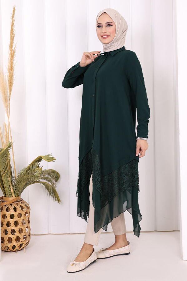 Dantel Ve Şifon Detaylı Asimetrik Kesim Tunik 2758 Zümrüt - 2