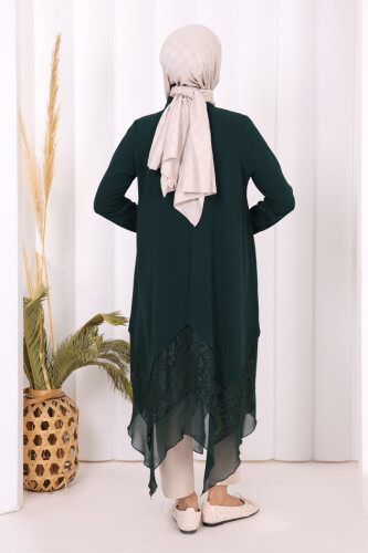 Dantel Ve Şifon Detaylı Asimetrik Kesim Tunik 2758 Zümrüt - 3