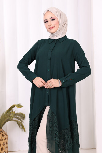 Dantel Ve Şifon Detaylı Asimetrik Kesim Tunik 2758 Zümrüt - 4