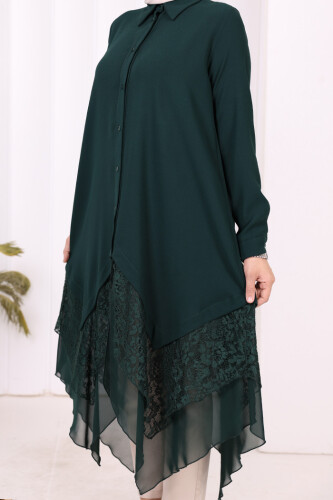 Dantel Ve Şifon Detaylı Asimetrik Kesim Tunik 2758 Zümrüt - 5
