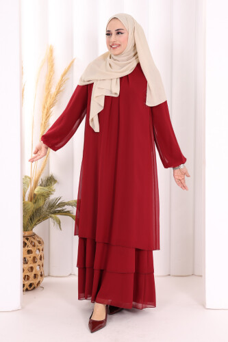 Kat Kat Görünüm Kol Manşetleri Lastikli Şifon Elbise 3060 Bordo 