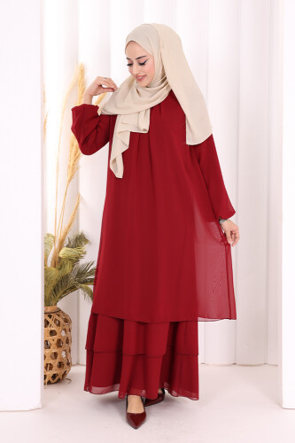 Kat Kat Görünüm Kol Manşetleri Lastikli Şifon Elbise 3060 Bordo - 2