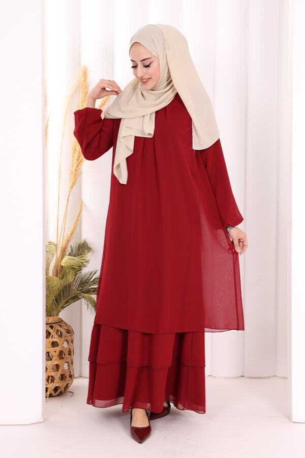 Kat Kat Görünüm Kol Manşetleri Lastikli Şifon Elbise 3060 Bordo - 2