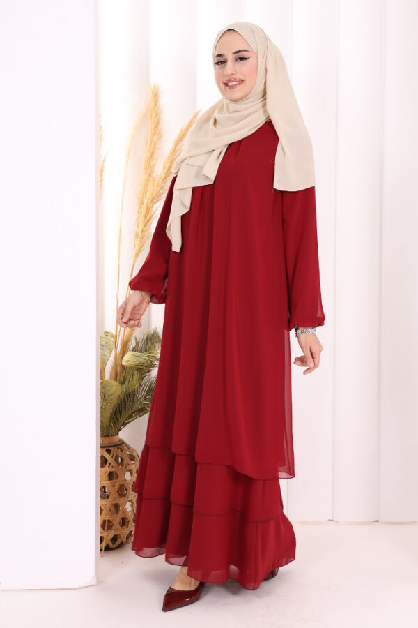 Kat Kat Görünüm Kol Manşetleri Lastikli Şifon Elbise 3060 Bordo - 3