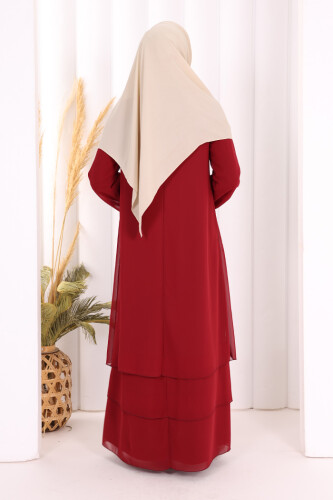 Kat Kat Görünüm Kol Manşetleri Lastikli Şifon Elbise 3060 Bordo - 4