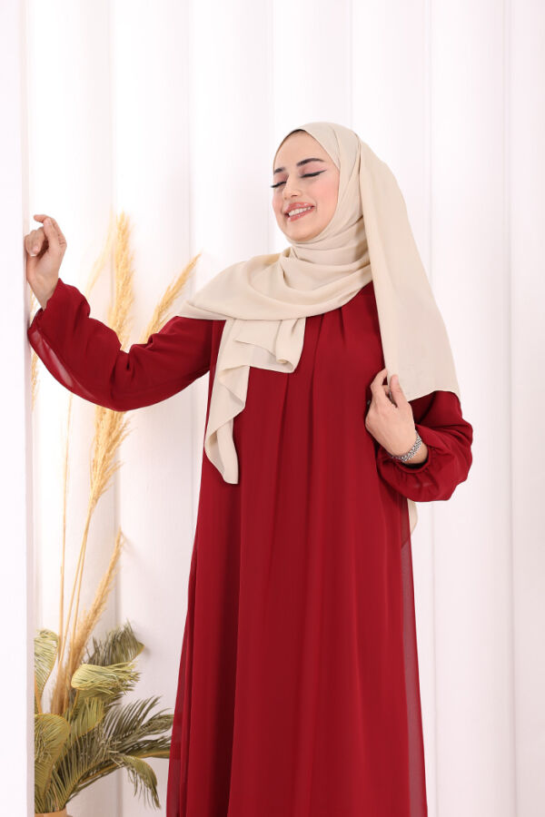 Kat Kat Görünüm Kol Manşetleri Lastikli Şifon Elbise 3060 Bordo - 5