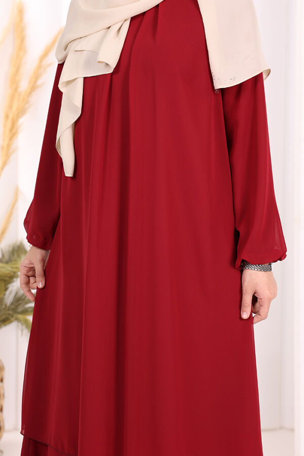Kat Kat Görünüm Kol Manşetleri Lastikli Şifon Elbise 3060 Bordo - 6