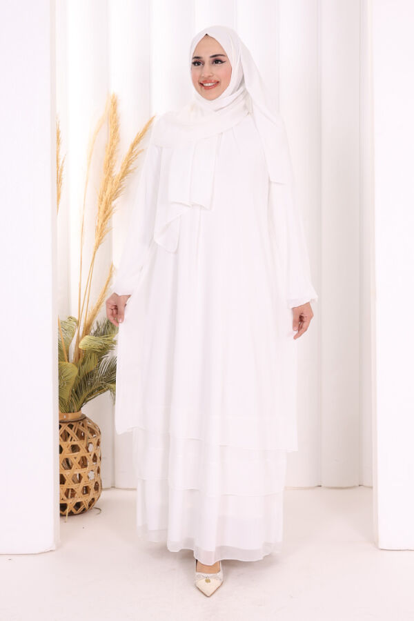 Kat Kat Görünüm Kol Manşetleri Lastikli Şifon Elbise 3060 Ekru - 1