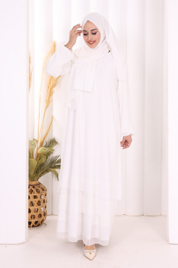 Kat Kat Görünüm Kol Manşetleri Lastikli Şifon Elbise 3060 Ekru - 2