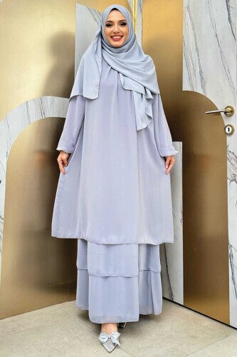 Kat Kat Görünüm Kol Manşetleri Lastikli Şifon Elbise 3060 Gri - Bym Fashion