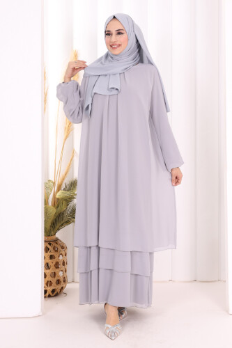 Kat Kat Görünüm Kol Manşetleri Lastikli Şifon Elbise 3060 Gri 