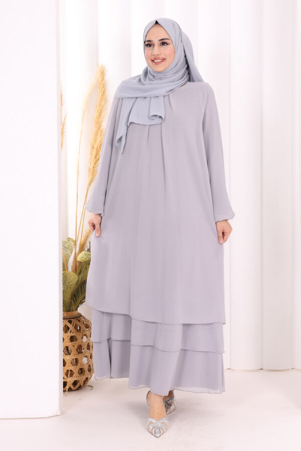 Kat Kat Görünüm Kol Manşetleri Lastikli Şifon Elbise 3060 Gri - 2