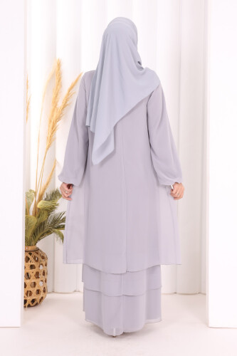 Kat Kat Görünüm Kol Manşetleri Lastikli Şifon Elbise 3060 Gri - 4