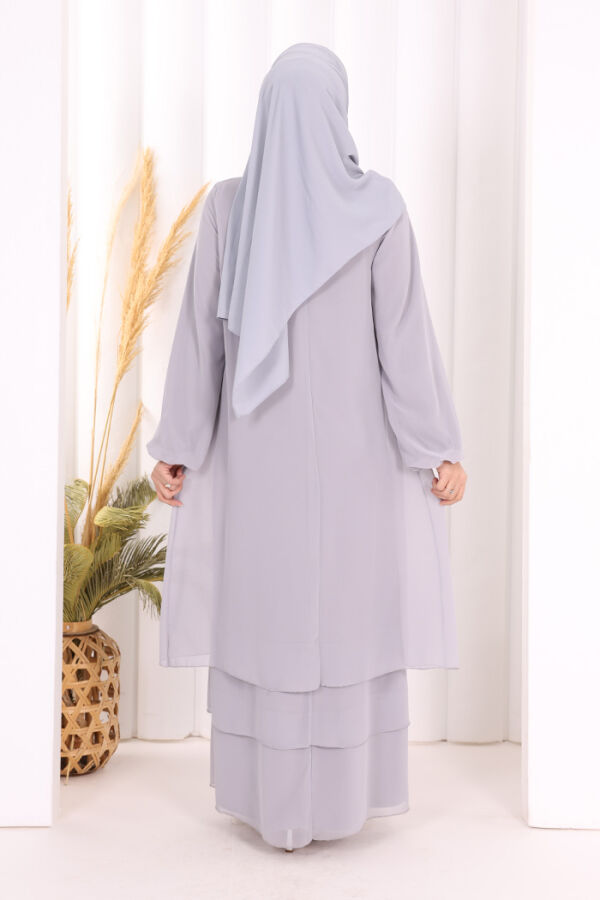 Kat Kat Görünüm Kol Manşetleri Lastikli Şifon Elbise 3060 Gri - 4