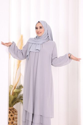 Kat Kat Görünüm Kol Manşetleri Lastikli Şifon Elbise 3060 Gri - 5