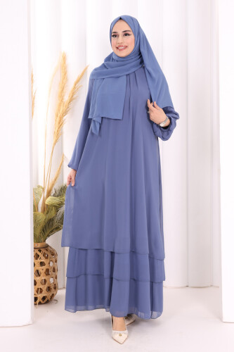 Kat Kat Görünüm Kol Manşetleri Lastikli Şifon Elbise 3060 İndigo 