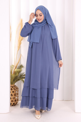 Kat Kat Görünüm Kol Manşetleri Lastikli Şifon Elbise 3060 İndigo - 2