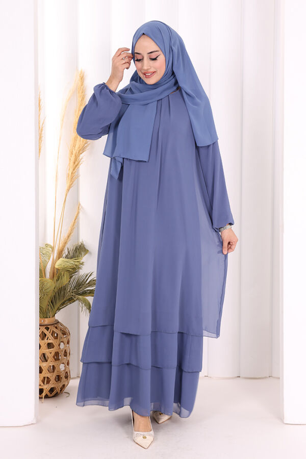 Kat Kat Görünüm Kol Manşetleri Lastikli Şifon Elbise 3060 İndigo - 2