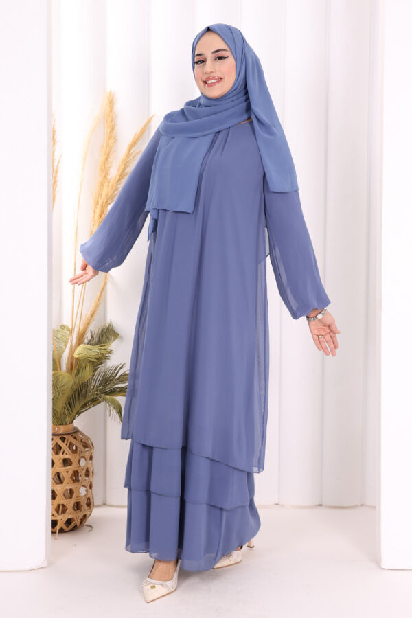 Kat Kat Görünüm Kol Manşetleri Lastikli Şifon Elbise 3060 İndigo - 3