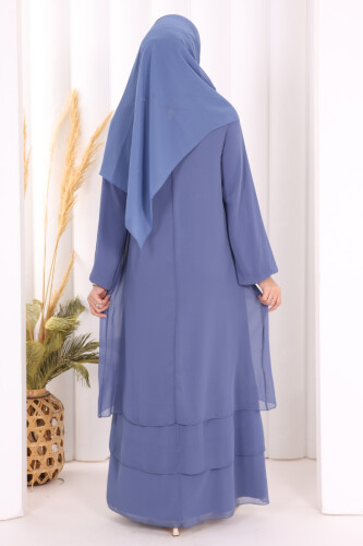 Kat Kat Görünüm Kol Manşetleri Lastikli Şifon Elbise 3060 İndigo - 4