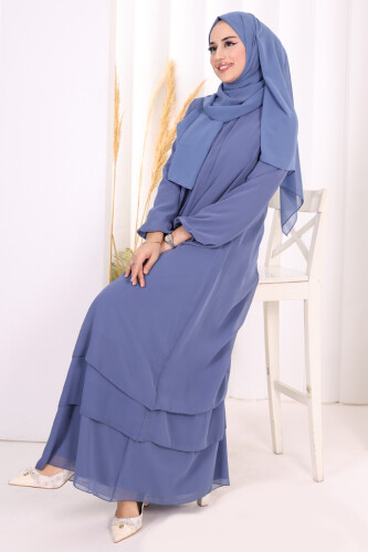 Kat Kat Görünüm Kol Manşetleri Lastikli Şifon Elbise 3060 İndigo - 6