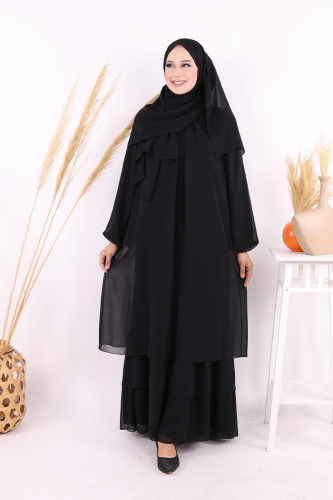 Kat Kat Görünüm Kol Manşetleri Lastikli Şifon Elbise 3060 Siyah - Bym Fashion