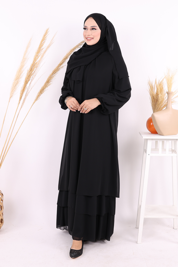 Kat Kat Görünüm Kol Manşetleri Lastikli Şifon Elbise 3060 Siyah - 2