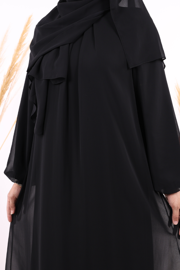 Kat Kat Görünüm Kol Manşetleri Lastikli Şifon Elbise 3060 Siyah - 5